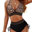 Blooming Jelly Women High Waisted Bikini Sets Tummy Control Swimsuits Color Block Two Piece Drawstring Bathing Suit (Medium, Leopard Mesh)