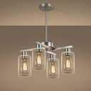 4-Light Modern Farmhouse Brushed Nickel Chandelier, Dining Room Light Fixture Over Table Adjustable Height Hanging Industrial Pendant Lights Kitchen Island, Clear Glass Shade