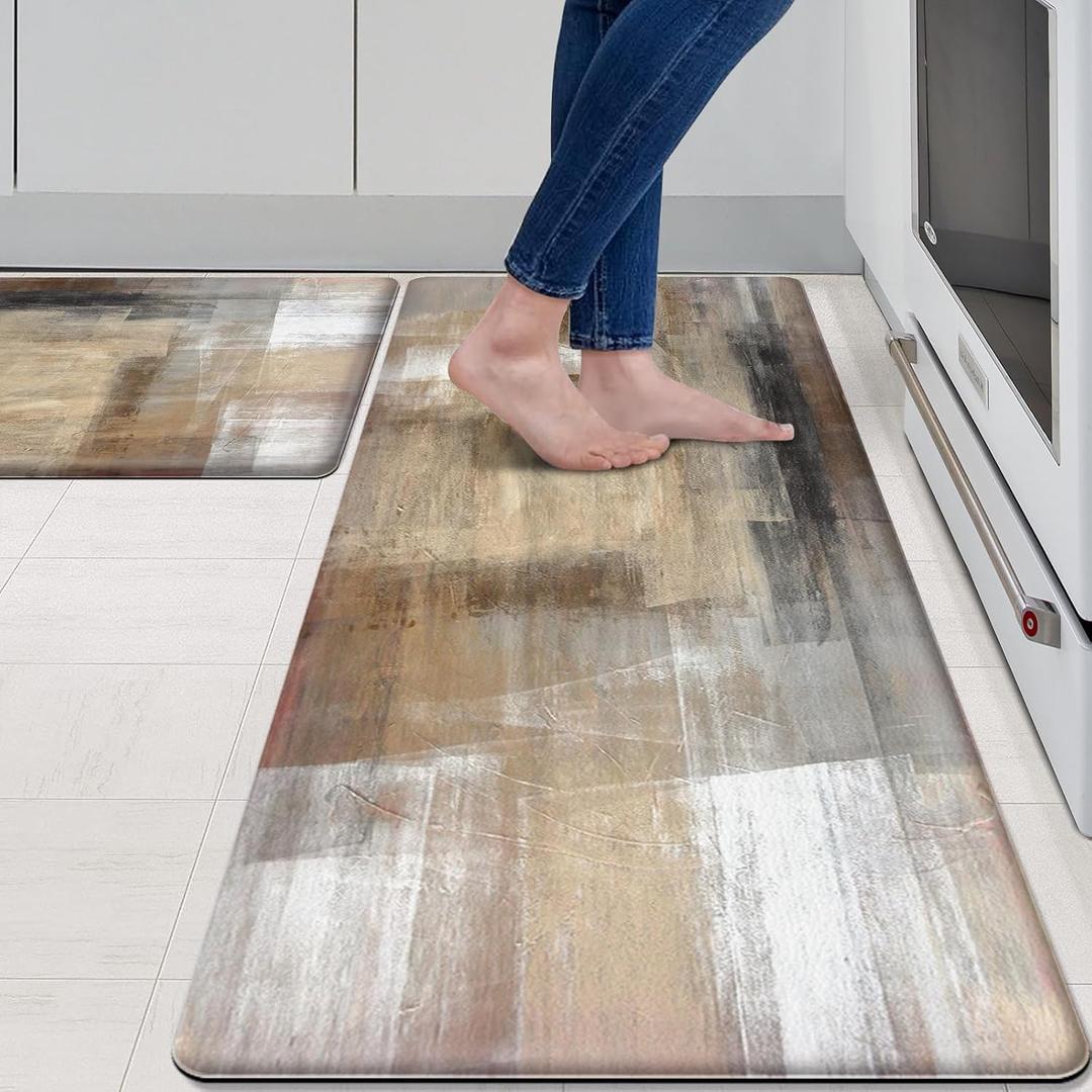 MAYHMYO Kitchen Rugs and Mats Set of 2 Brown Black Beige Anti Fatigue Mat PVC Non Slip Kitchen Mats for Floor, Bathroom, Desk, Runner, Laundry,17.3 x 29 x 0.4 inch + 17.3 x 47 x 0.4 inch