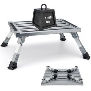 Extra Large RV Step Stool, 19" x 14.5" RV Step, Aluminum RV Step 4-Level Height Adjustable, Camper Foldable Step Supports Up to 1500 lbs with Non-Slip Strip for Travel Trailer.