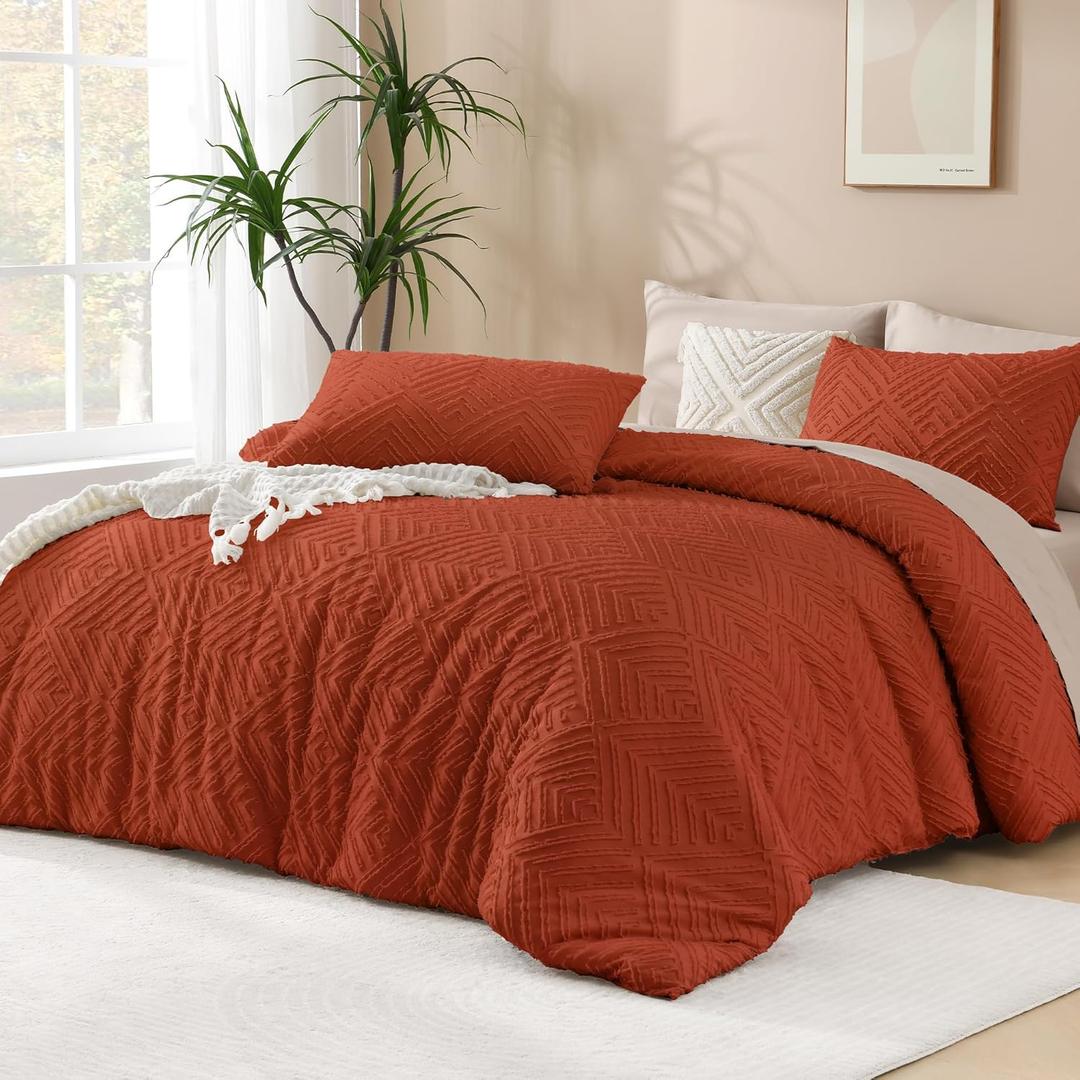 Andency Burnt Orange Queen Size Comforter, Terracotta Boho Fall Lightweight Fluffy Bedding Set & Collections for Queen Bed, 3 Pieces Rust Tufted Design Bed Set (90x90Inches, 2 Pillow Shams)