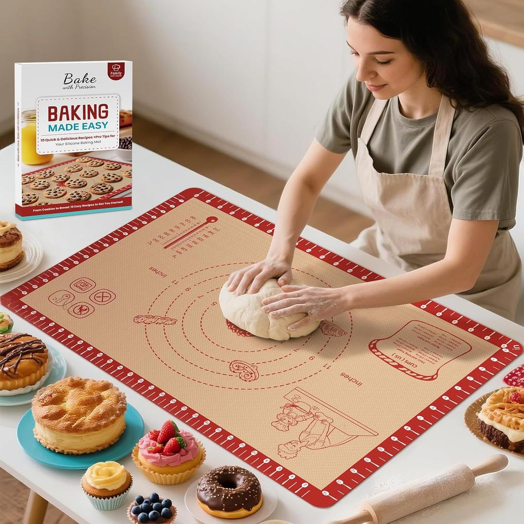 Silicone Baking Mat with Recipes, Extra Thick Silicone Mats for Baking, Non Stick Pastry Mat for Rolling Dough, Silicone Macaron Baking Mat for Cookie,Bread,Pizza,Fondant Mat, Oven&Dishwasher Safe (Red)