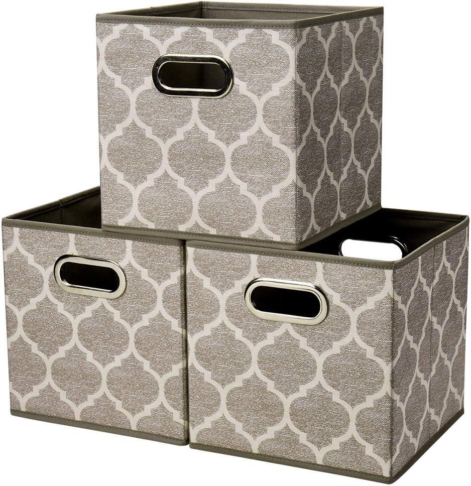 Baskets Storage Cubes 10.5 x10.5 x 11 Inch Cuibcle Baskets Brown Beige Cloth Storage Cubes Bins Foldable Fabric Storage Boxes Inserts Cube Drawers for Storage Organizer ,QY-SC08-3 (Cream Grey Brown (Set of 3))