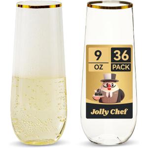 JOLLY CHEF 36 Pack 9 Oz Plastic Champagne Flutes, Gold Stemless Plastic Toasting Glasses| Shatterproof | Heavy Duty | Plastic Disposable Unbreakable Drinkware for Wedding, Party, Thanskgiving