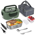 Vabaso Electric Lunch Box for Adults, 80W Heated Lunch Box Portable Food Warmer Lunch Box for Work/Men/Car/Truck with 1.5L 304 Stainless Steel Container Fork & Spoon, 110V/12V/24V