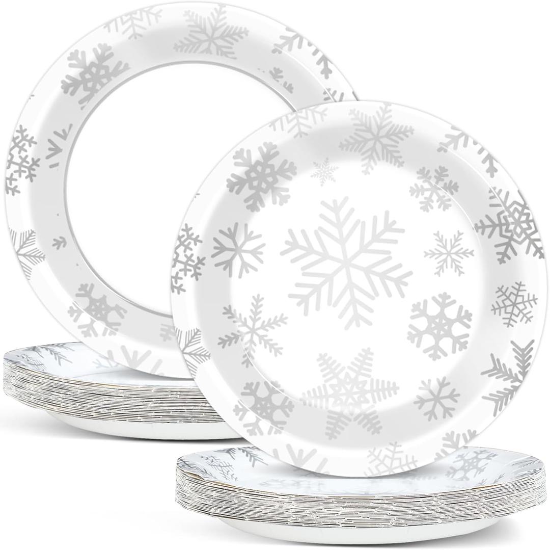 50Pcs Winter Snowflake Paper Plates 7 Inch Winter Wonderland Dessert Plates Christmas Party Decoration Disposable Winter Dinnerware Tableware Set for Holiday Birthday Wedding Party Supplies