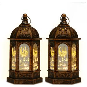 Lifnatty Eid Decorations, Ramadan Lantern Lights with Islamic Moon Star Decorations, Mini LED Hanging Lantern Decor, Eid Mubarak Decorations for Home Table Fireplace, Ramadan Eid Gifts 2 Pack (Brown)