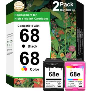 68e Black/Tri-Color Ink Cartridges (2-Pack) Replacement for HP Ink 68 68e Ink Works for Envy 6100e 6552e 6555e 6558e 6155e 6152e Printer (1 Black, 1 Color)