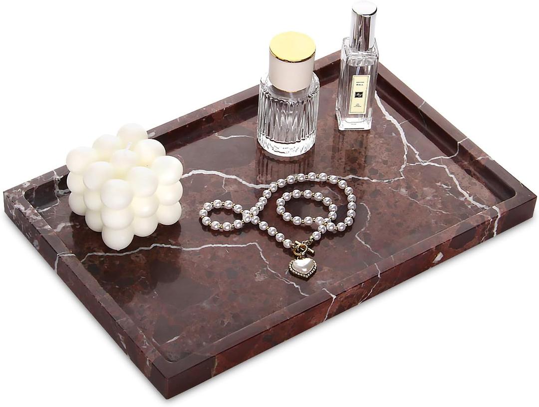 Marble Bathroom Vanity Tray, Natural Marble Home Kitchen Bathroom Table Tray, Stone Decorative Countertop Serving Trays for Coffee Perfume Jewelry Makeup (1, Rosso Lepanto, 12 * 8 * 0.8)