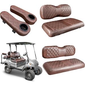 NOKINS Golf Cart Seat Covers for YAMAHA/G29/Drive2, Vinyl Front&Rear Seat Cover with Flip-Up Armrests kit, with Cup Holder, for 1" Square Tube (Brown&Brown 8438)