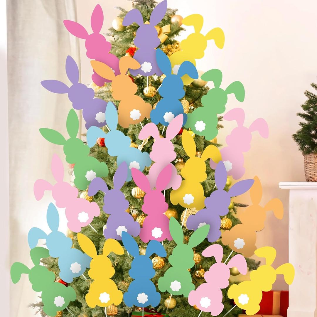 24 Pcs Large Easter Decorations Indoor Bunny Easter Tree Picks Rabbit Decorations for Tree Topper Home Office Party Vase Decor Ornaments (Multi Color)