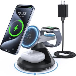 3 in 1 Charging Station for Apple MagSafe Charger Compatible, 15W Magnetic Wireless Charger Stand, 360 Rotating Dock, Wireless Charging Station for iPhone 16 15 14 13 12 Series for iWatch for AirPods (Black)