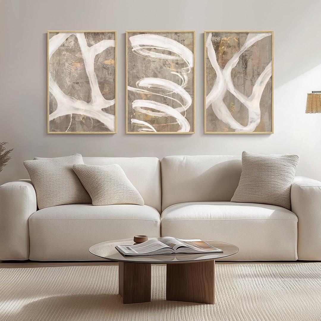 Framed Abstract Brown White Wall Art for Living Room, 3 Piece Modern Beige Canvas Artwork, Large Minimalist Contemporary Painting Prints for Bedroom Dining Room Hallway Office Wall Decor 16x24 Inch