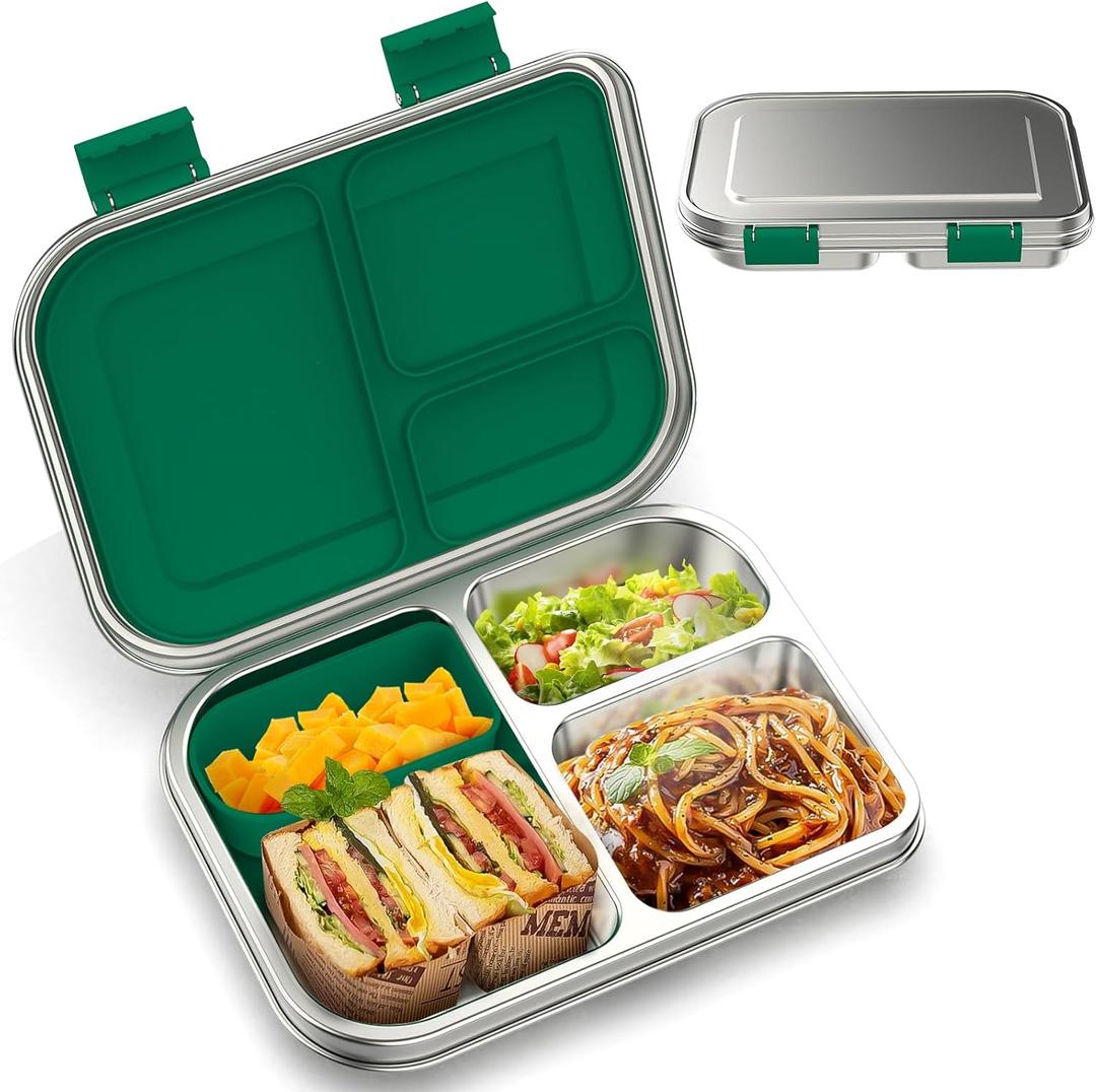 BOSEDSANG Stainless Steel Kids Leak-Resistant Bento Lunch Box, 3-Compartments with Silicone Container, Dishwasher-Safe, Child-Friendly Design for School, Picnics & Travel, BPA-Free (Green)