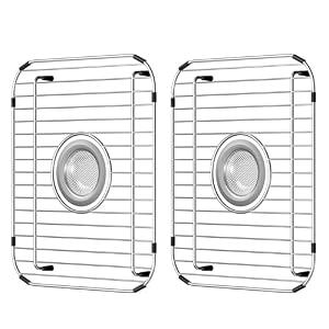 Alonsoo Sink Racks, Sink Protectors for Kitchen Sink, Stainless Steel Sink Grid for Bottom of Sink 11.5"W x 13.8"L, Metal Sink Grate with Strainer, Centered Drain for Double Bowl with Corner Radius, 2 pack