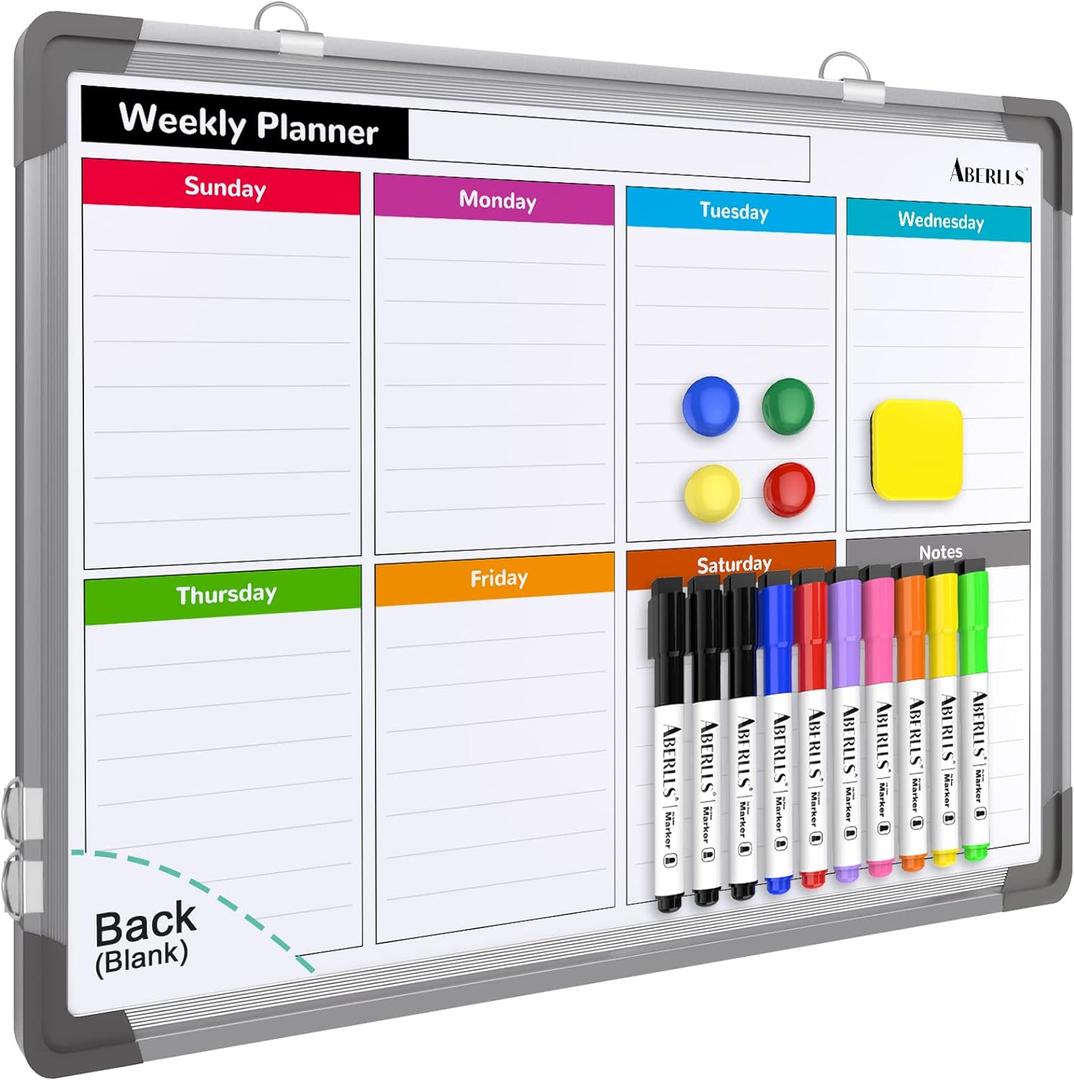 Small Weekly Calendar Dry Erase Whiteboard for Wall, 16" x 12" Magnetic Dry Erase Board, Hanging Double-Sided Whiteboard, Portable Board for List, Kitchen, Planning, Memo, Home, Office