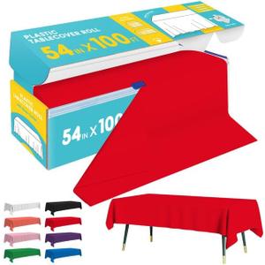 Red Plastic Table Cover Roll - 54IN x 100FT, Table Cloth for Rectangle Table with Slide Cutter, Plastic Table Cloth Disposable with Cut-to-Size Design for Weddings, Banquets, Parties