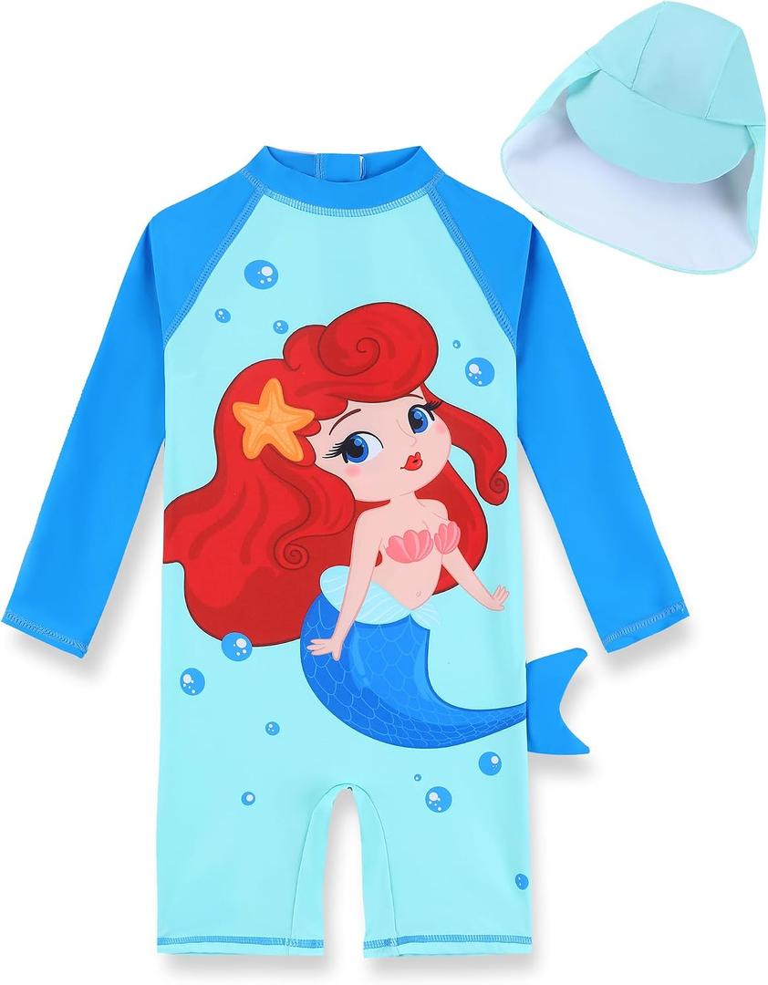 PURFEEL Girls One Piece Swimsuit Mermaid Long Sleeve Rash Guard Bathing Suit with UPF 50+ UV 4-5T Years, Blue Ariel Swimwear