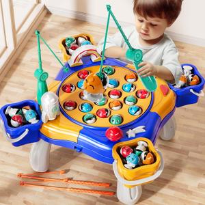 Magnetic Fishing Game Toys Kids 3-5, Including 48 Fishes and 8 Fishing Poles Rotating Board Game with Music, Party Game Toys for Kids Age 3 4 5 6 7 8 and Up (Blue)
