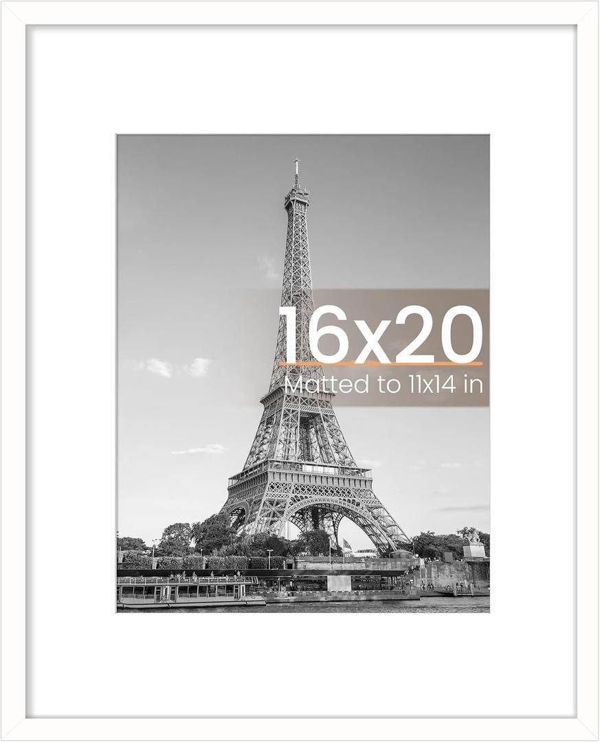 upsimples 16x20 Picture Frame, Display Pictures 11x14 with Mat or 16 x 20 Without, Wall Hanging Poster Frame, White, 1 Pack