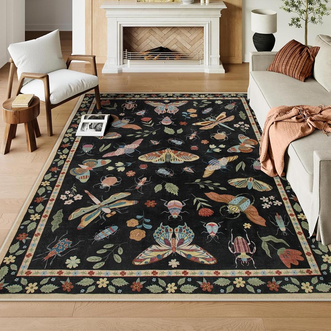 Lahome Insect Washable Rugs for Living Room, Soft Area Rug 6x9 Rug for Bedroom Ultra-Thin Non Slip Dining Room Rug, Stain Resistant Black Rug Large Carpet for Office Nursery Vionnet(6'x9',Black)
