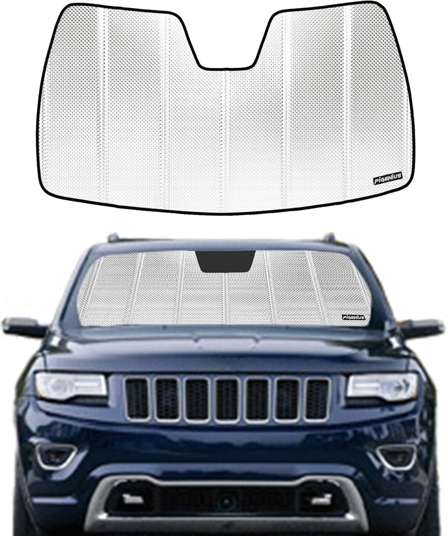 Windshield Sun Shade for Jeep Grand Cherokee 2014-2021. Reflective Aluminum Film Front Window Sunshade - BLAZBLOCK B (Classic Shiny Silver)
