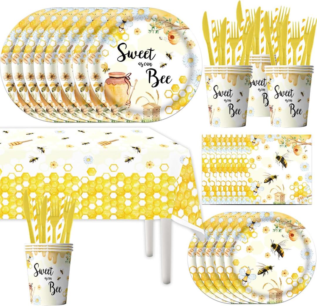 141Pcs Sweet As Can Bee Theme Party Supplies Tableware Set Bee Baby Shower Decorations for Birthday and more Serve 20 Guests