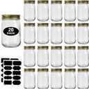 12oz Glass Jars With Lids Regular Mouth 20 Pack -Mason Jars 12 oz For Crafts, Meal Prep, Canning Jars For Food Storage Frascos De Vidrio Con Tapa Para Conservas-with 20 Chalkboard Stickers-Gold Lid (Gold)