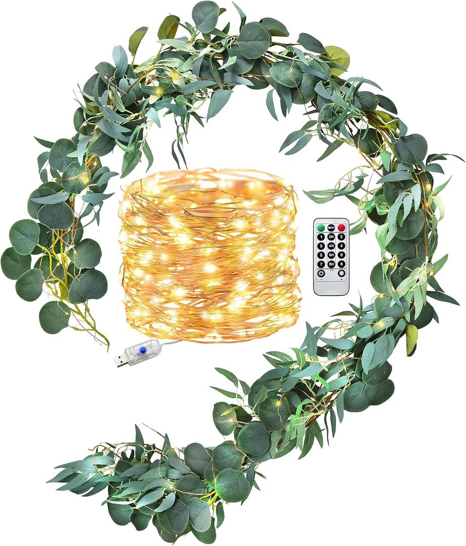 FiveSeasonStuff Rustic Willow and Eucalyptus Garlands  Lifelike Greenery with USB-Powered 100 LED String Lights  Perfect for Weddings, Home Decor, Events, and Seasonal Decorations
