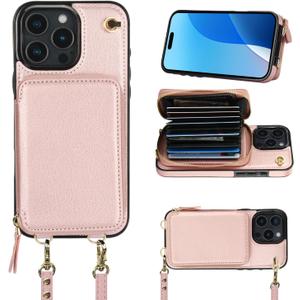 Bocasal Crossbody Wallet Case for iPhone 16 Pro Max, RFID Blocking Leather Purse Case with Card Holder, Protective Handbag Flip Cover with Zipper Wrist Strap Lanyard for Women 5G 6.9 Inch (Rose Gold)