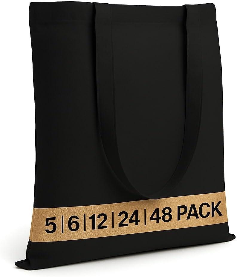 Salt Earth Pack of 5 | 6 | 12 | 24 | 48  100% Cotton Reusable Tote Bags  Bulk Grocery, Shopping, DIY, Beach & Gift Use (Black)