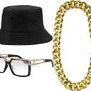 ONUPGO Hip Hop Costume Kit 80s/90s Rapper Accessories Bucket Hat Sunglasses Gold Chain Necklace Outfit for Men Women
