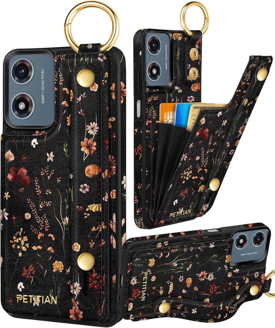 Petitian for Moto G Play 2024 Case with Wallet - Women Girls Cute Girly Aesthetic Unique Design Leather Credit Card Holder Cardholder Stand Wristband for Motorola G Play 2024, Grow Flower