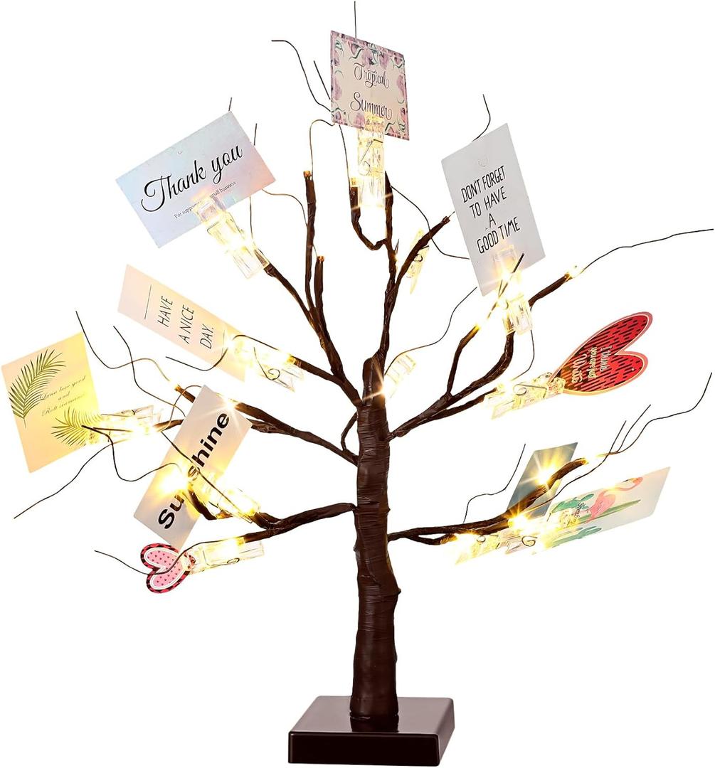 Mudder Money Gift Cards Tree Easter Lighted Birch Tree 24 LED Wedding Card Holder with 12 Clips for Spring Graduation Memorial Day Birthday Party Home Photo Memo(Classic Style,Brown, Warm White)