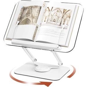 Acrylic Book Stand for Reading, Adjustable Book Holder with 360 Rotating Base & Elastic Page Clips, Foldable Desktop Riser Stand for Cookbook,Laptop,Tablet,Music Scores,Recipe,Textbook (White, 11.8")