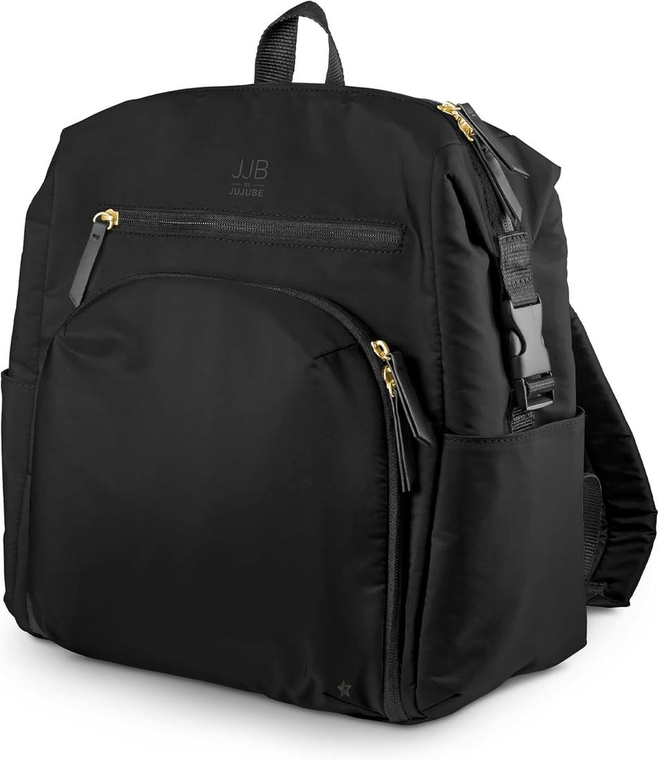 JuJuBe Diaper Bag Backpack with Changing Pad, 11-Pocket Large Capacity Organizer, 2 Interior Insulated Bottle Pockets, Wipe Pocket, Stroller Straps, Trolley Sleeve, Machine Washable (Black)