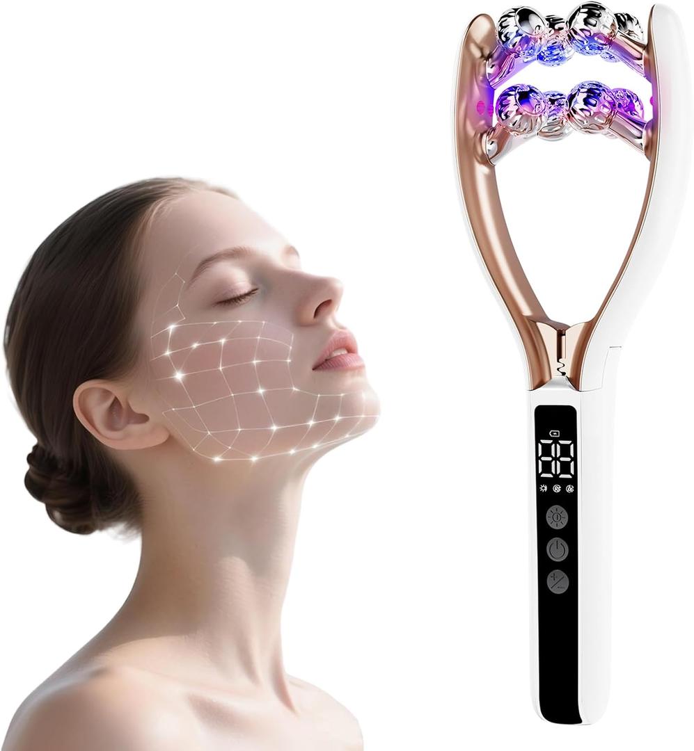SZMDLX Microcurrent Facial Massager with LCD Screen, Electric Face Roller for Lifting & Toning, EMS Skin Tightening Device for Puffiness & Fine Lines, USB Rechargeable V-Shape Tool (White+gold)