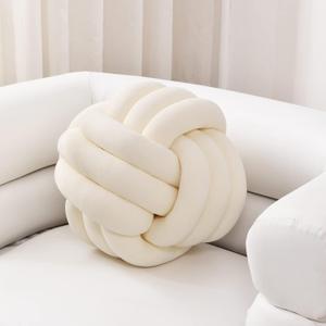 Sioloc Soft Knot Ball Pillows,Round Throw Pillow Cushion Home Decoration Plush Pillow,Throw Knotted Pillow Handmade Round Plush Pillow13.7inches,Ivory