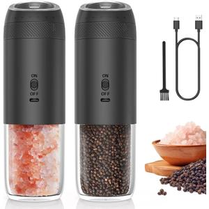 Yumcook Rechargeable Electric Salt and Pepper Grinder Set, Gravity Automatic Salt and Pepper Shakers with LED Light, Type C Charging, Adjustable Coarseness, Large Capacity Mills Set (Black & Black)