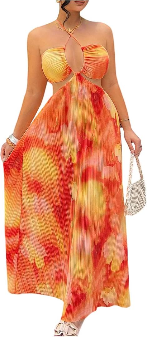 OYOANGLE Women's Tie Dye Sleeveless Criss Cross Halter Maxi Dress Pleated Backless Boho Beach Vacation Dress Large, Orange