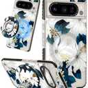 Lotadilo Cute for Google Pixel 8 Pro Case - Compatible with Magsafe Magnetic Ring Holder Stand Kickstand for Women Girls Girly Funny Fashion Pretty TPU Phone Covers Blue Flower Design