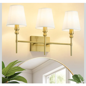 Bathroom Light Fixtures,23.6 IN Bathroom Vanity Lights Over Mirror，3-Light Antique Brass Vintage Wall Sconce With Flared White Fabric Lampshade For Bedroom,Living Room,Foyer,Hardwired,E12 Base