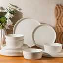 AmorArc Ceramic Dinnerware Sets for 4, Modern Flat Stoneware Plates and Bowls Sets, Chip and Crack Resistant | Dishwasher & Microwave Safe Dishes Set, Scratch Resistant- Service for 4 (12pc)-Matte Cream