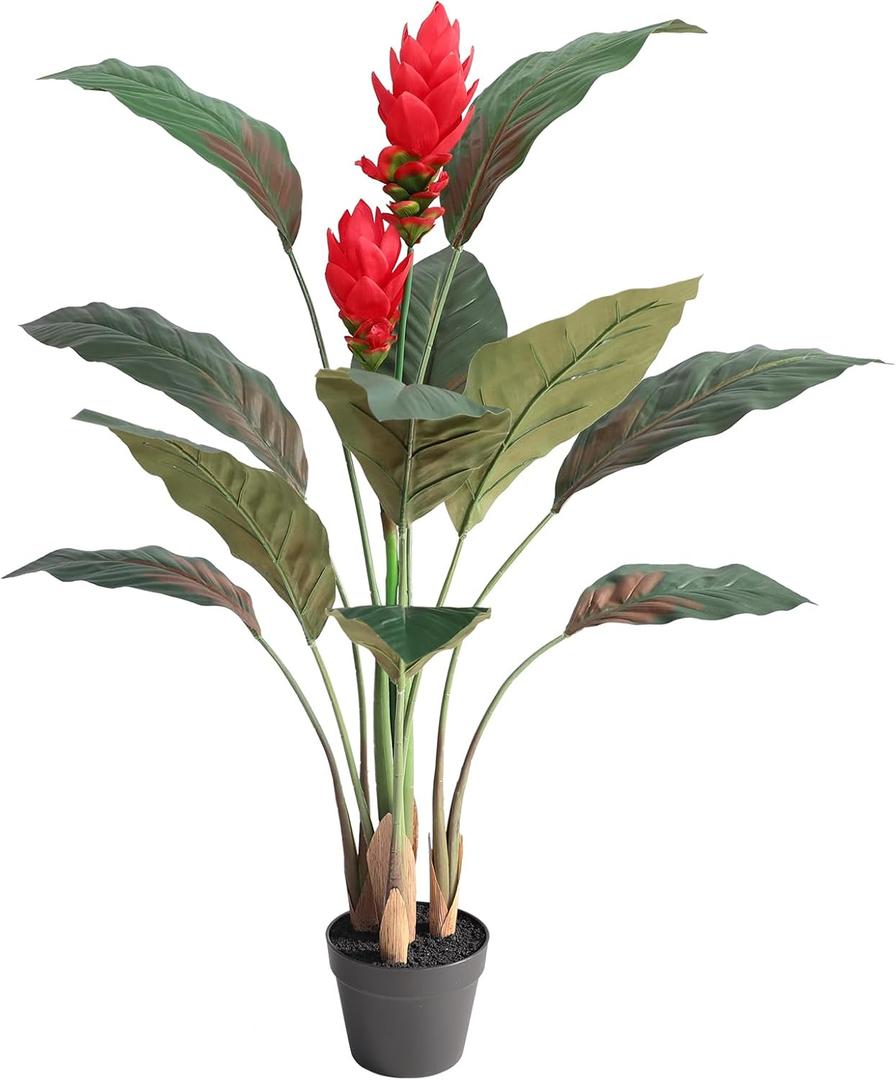 Artificial Bird of Paradise Plant, 4FT Faux Tropical Palm Tree with Ginger Flower, 48Inch Curcuma Alismatifolia Flower Plant