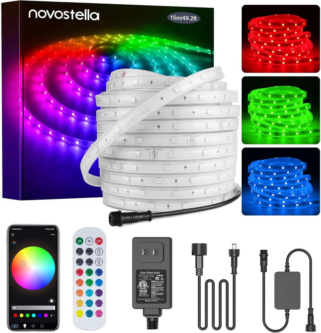 Novostella 98.4ft (49.2x2) Smart LED Outdoor Rope Light, Music Sync RGB Strip Lights, App Control and RF Remote Color Changing Dimmable Tape Exterior Lighting Kit, for Garden Stairs Party, 24V IP65