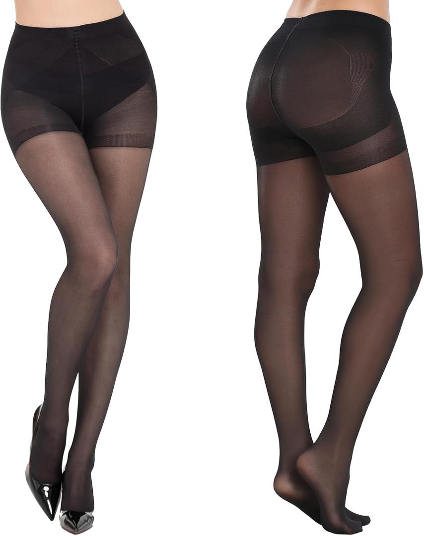 2 Pairs Control Top Pantyhose for Women, 40 Deneier Sheer Tights Tummy Control Stockings with Rip Resistant Toes (Medium)