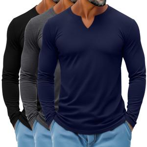 Ficerd 3 Pack Men's Big and Tall V Neck Shirts Cotton Long Sleeve Tops Plus Size Lightweight T-Shirts Casual Basic Tees (X-Large, Black, Dark Gray, Navy Blue)