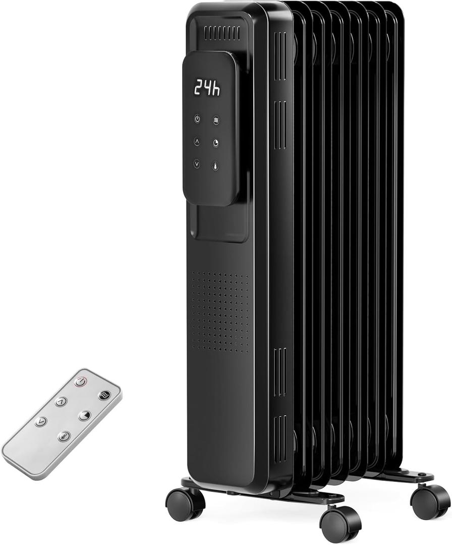 Oil Filled Radiator Space Heater, 1500W Electric Portable Heaters for Indoor Use, Touch Screen, LCD Display, 24H-Timer, Overheat & Tip-Over Protection (Black)