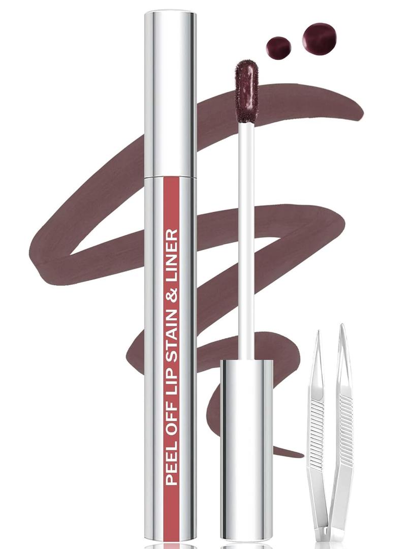 Lip Stain Peel Off Lip Liner Stain with Tweezer, Long Lasting Matte Lip Tint Tattoo, Highly Pigmented Color Lip Makeup, Waterproof Lipstick, Transfer-proof Lipstain for Women, Brown