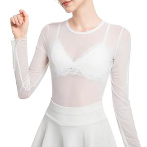 Women's Long Sleeve Sheer Mesh Tops Sexy Crewneck See Though Lace Shirts Layering Fishnet Undershirts Slim Fitted(White, X-Large)